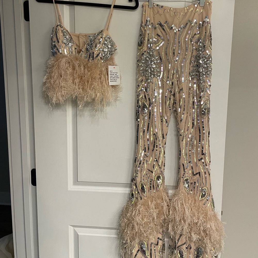 ASOS Luxe Sequin Feather Bralette Flare Pant
